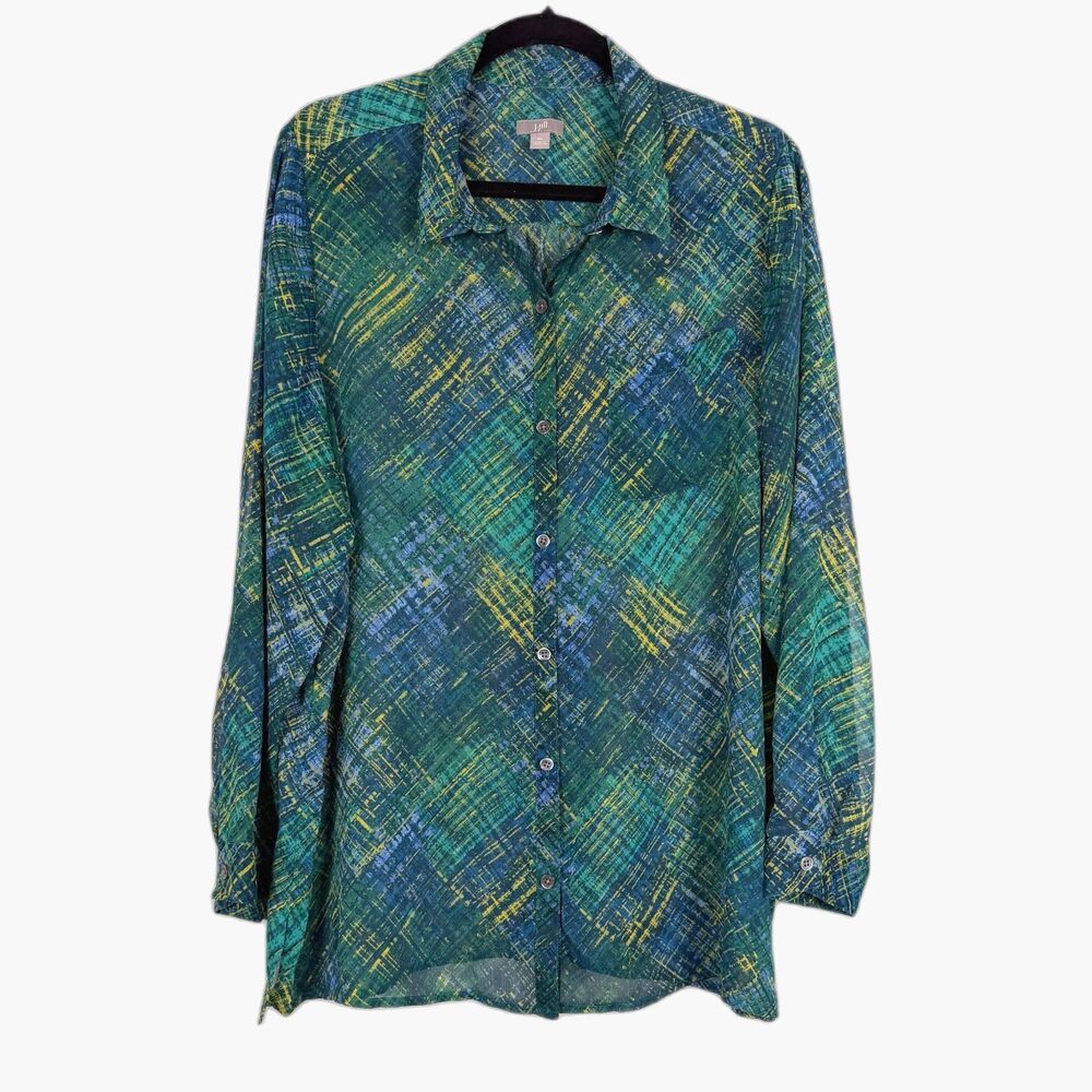 J. Jill Sheer Button Front Blouse XL Green Blue Abstract Lightweight Top